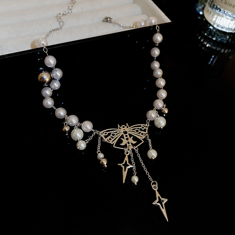 Fashion Necklace - Silver Metal Pearl Hollow Butterfly Necklace