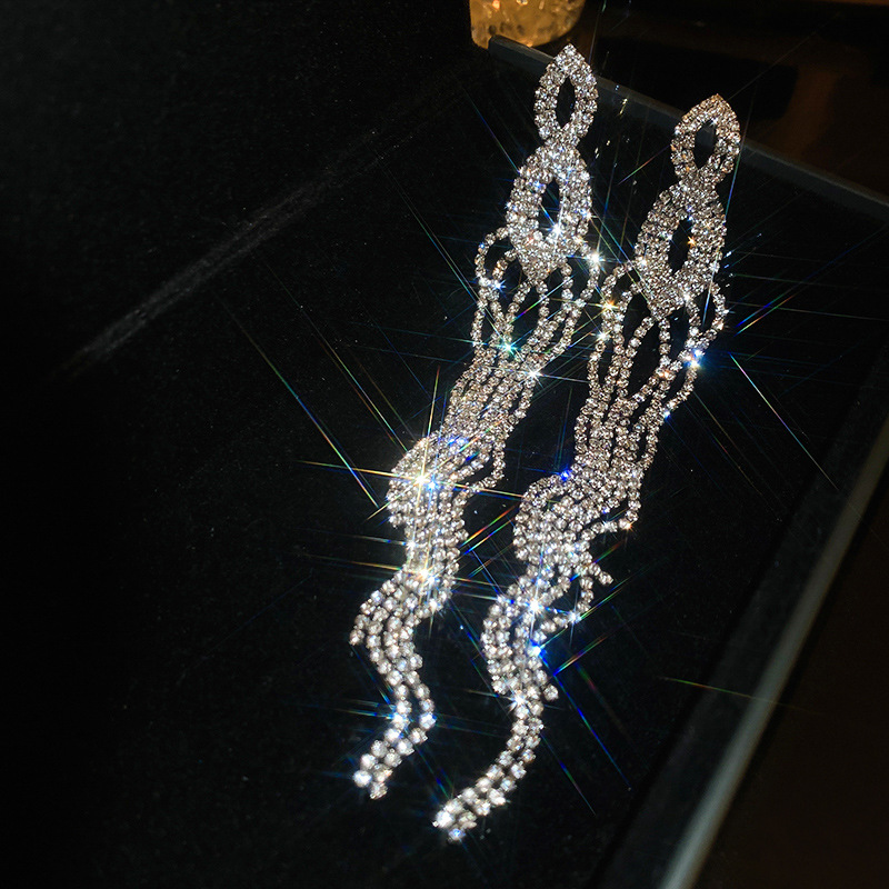 Fashion Silver Copper And Diamond Long Tassel Earrings