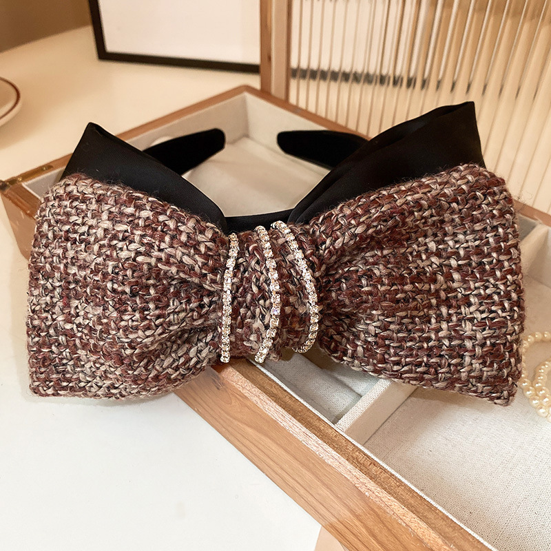 Fashion Hairband-brown Knitted Diamond Bow Wide-brimmed Headband