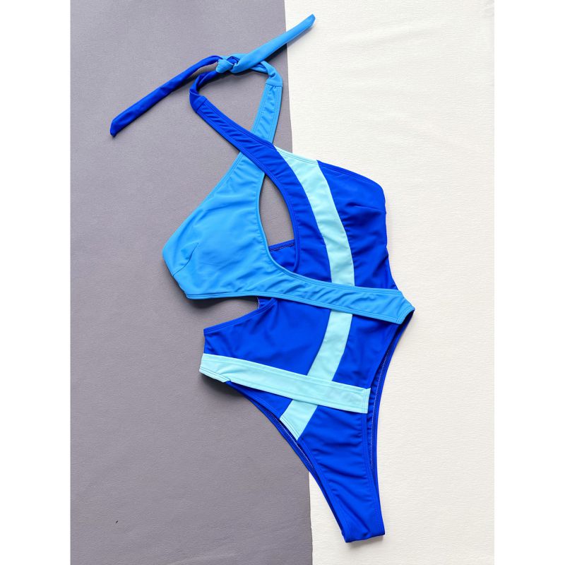 Fashion Blue Nylon Contrasting Color Hollow One-piece Swimsuit