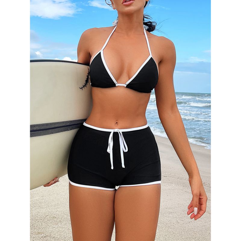 Fashion Black Acrylic Contrasting Deep V Strappy Swimsuit