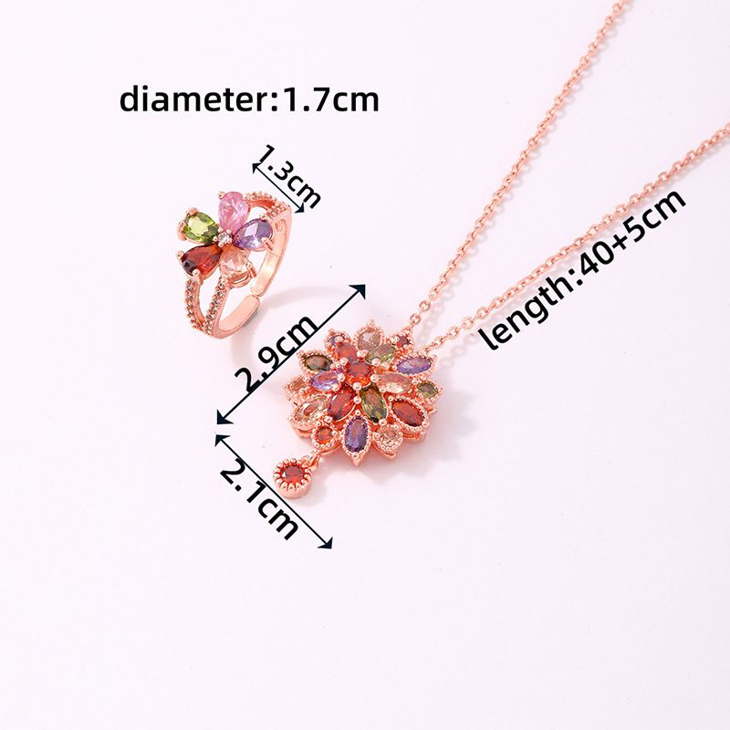 Fashion Rose Gold Colored Diamonds Copper Diamond Flower Necklace And Ring Set