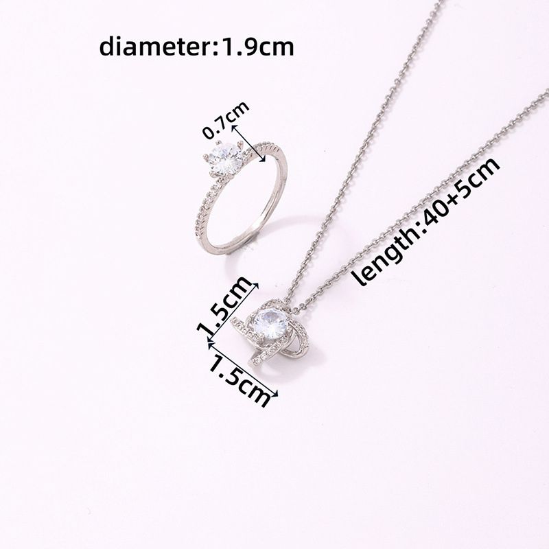 Fashion White Gold And White Diamonds Copper Inlaid Zirconium Geometric Ring Necklace Set