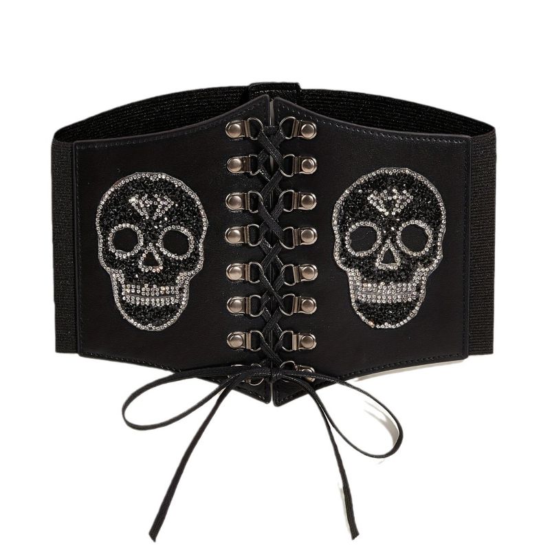 Fashion Skull Ax Girdle Faux Leather Skull Lace-up Wide Elastic Belt