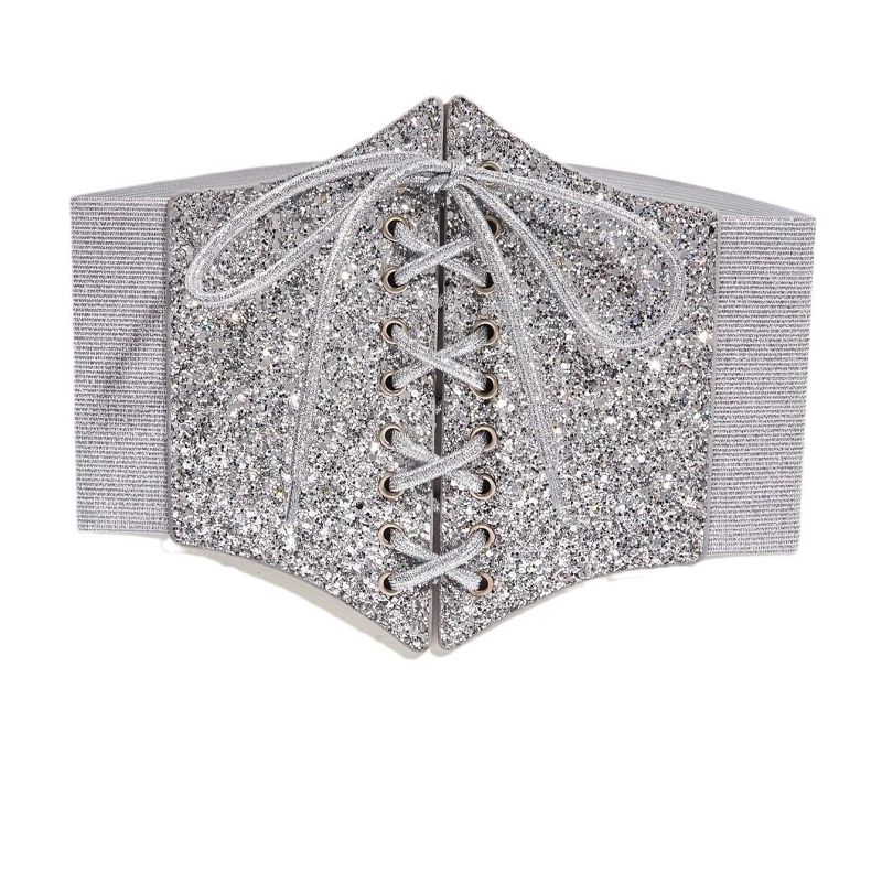 Fashion Silver Glitter Ax Belt Faux Leather Glitter Lace-up Stretch Wide Belt