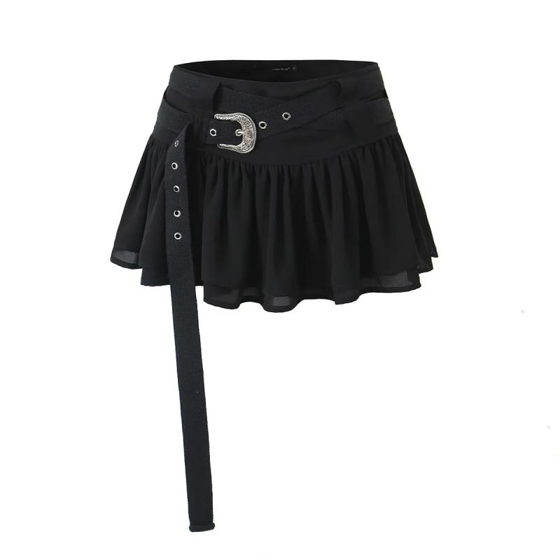 Fashion Black Polyester Lace Belted Skirt