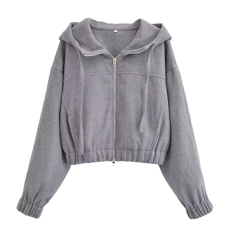 Fashion Grey Polyester Zip Hooded Jacket