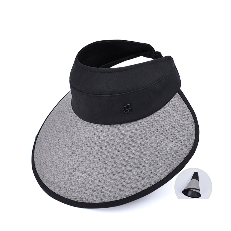 Fashion Grey Polyester Large Brim Vinyl Hollow Top Sun Hat