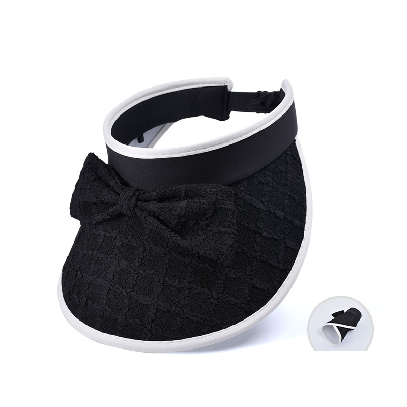 Fashion Black Polyester Bow Large Brim Hollow Top Sun Hat