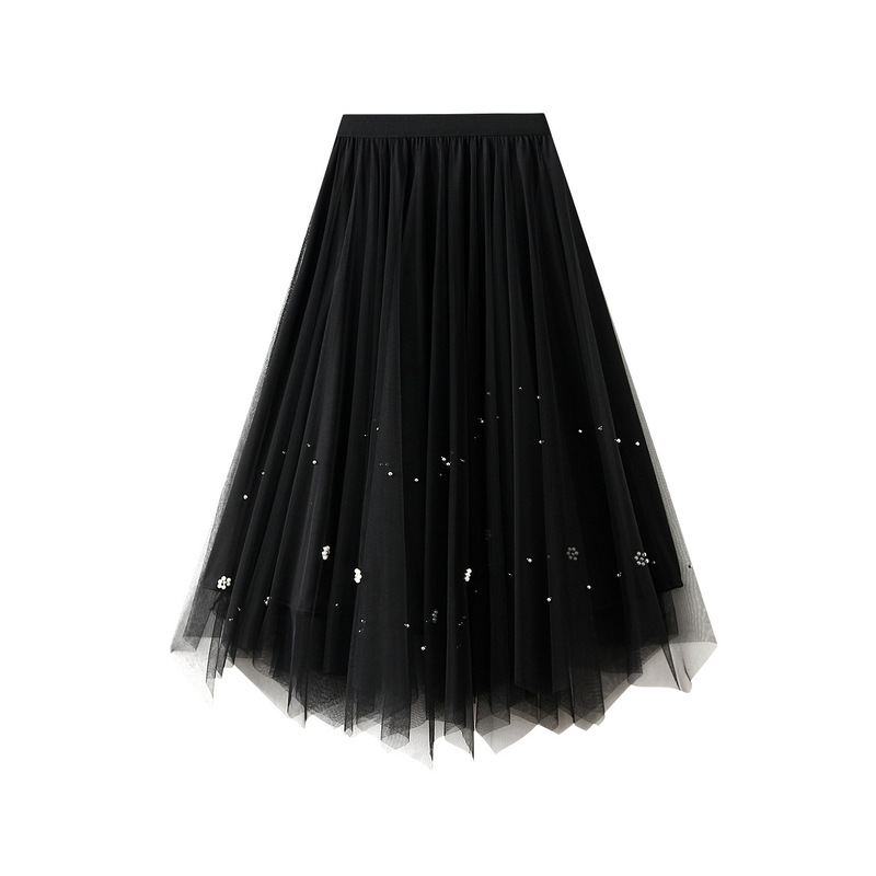 Fashion Black Mesh Beaded Irregular Skirt
