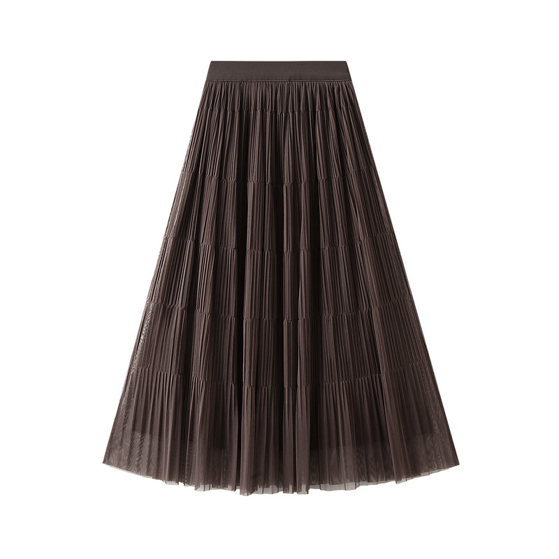 Fashion Dark Coffee Mesh Pleated Slit Skirt