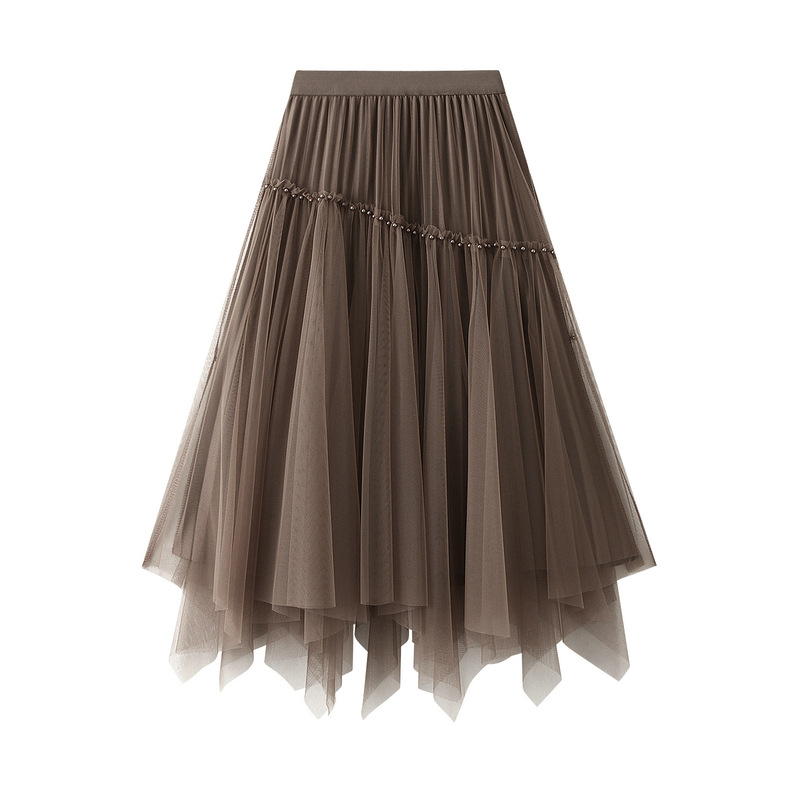 Fashion Khaki Polyester Beaded Mesh Irregular Skirt