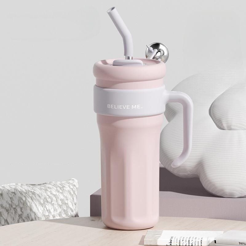 Fashion Flesh Color + Straw Stainless Steel Large Capacity Thermos Cup With Straw