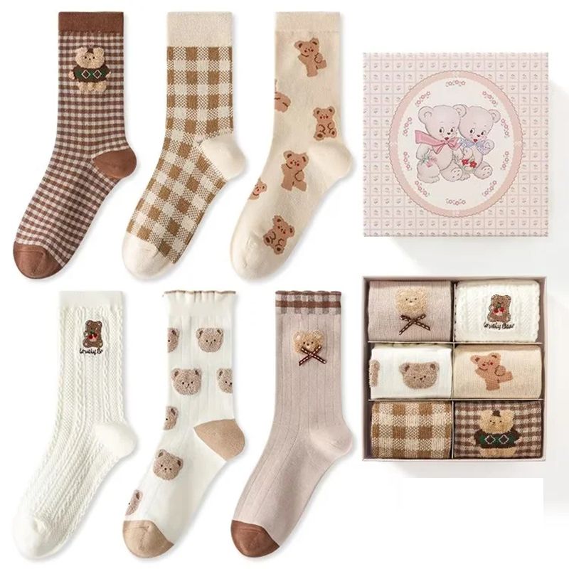 Fashion Brown Cotton Printed Mid-calf Socks Set Of Six Pairs In Gift Box