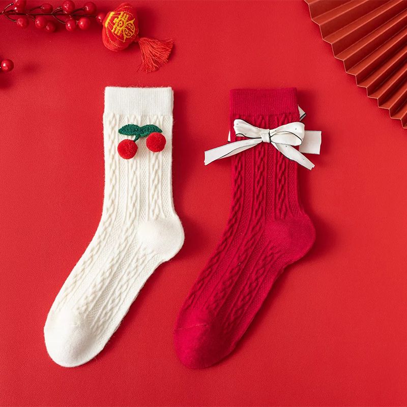 Fashion Red And White Cotton Braided Three-dimensional Cherry Bow Mid-calf Socks Set