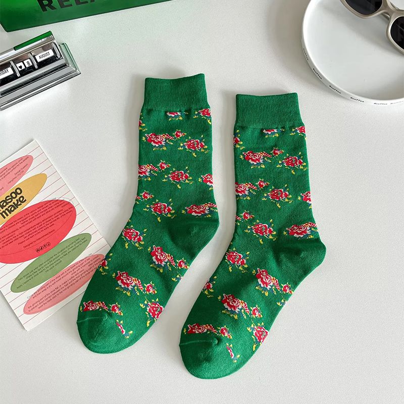 Fashion Floral Green Cotton Printed Mid-calf Socks