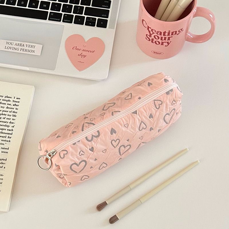 Fashion Pink Cotton Love Printed Large Capacity Pencil Case