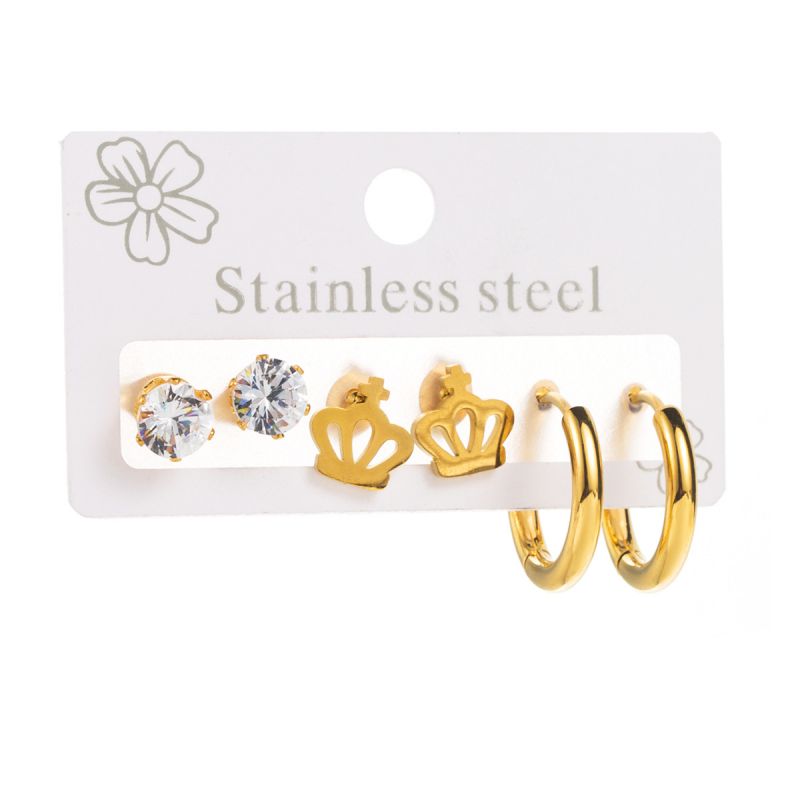 Fashion Rhinestone Crown Stainless Steel Diamond Crown Earring Set