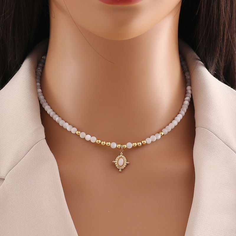 Fashion 4# Baibei Stainless Steel Geometric Natural Stone Beaded Necklace