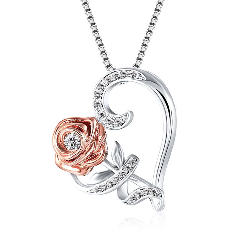 Fashion 7# Copper Inlaid Zirconium Rose Love Necklace
