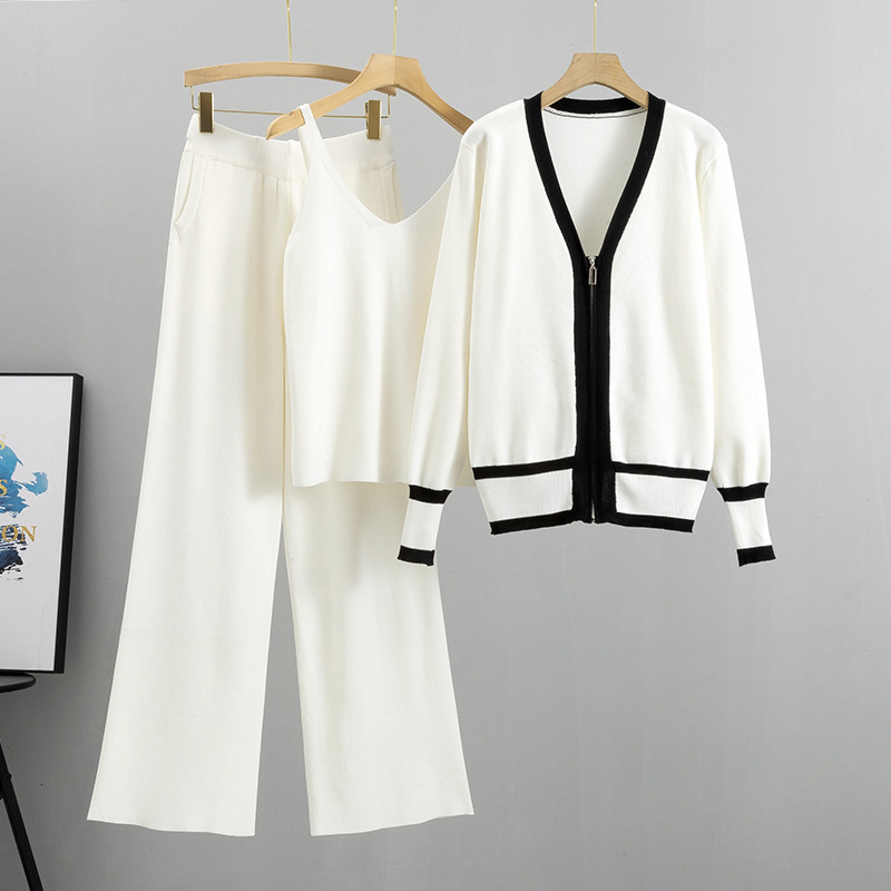 Fashion White Blended Knitted Camisole Cardigan Wide-leg Pants Three-piece Set