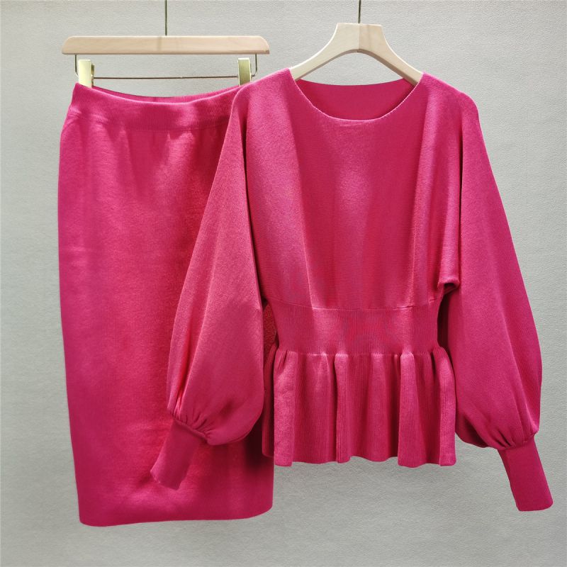 Fashion Rose Red Blended Knitted Lantern Long-sleeved Sweater Skirt Two-piece Set