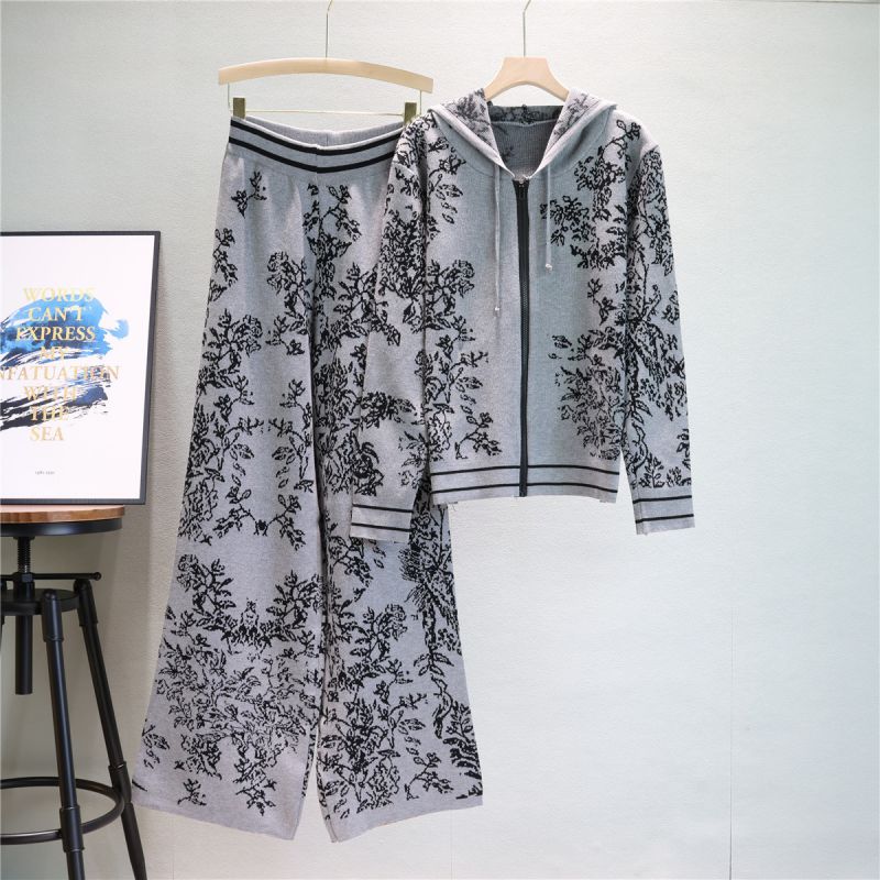 Fashion Grey Blended Printed Knit Top And Wide-leg Pants Two-piece Set