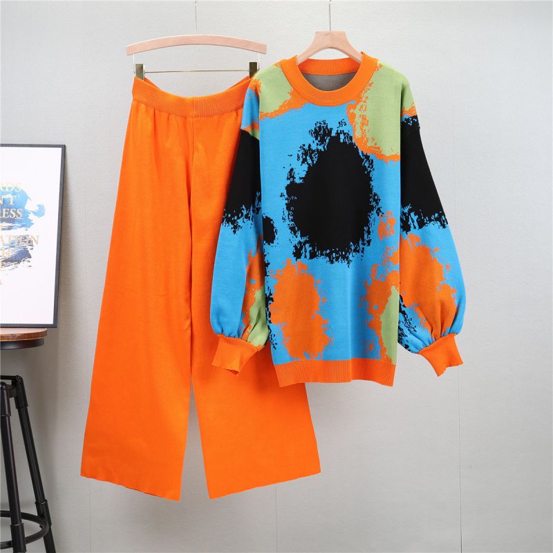 Fashion Orange Color Blended Printed Knit Top And Wide-leg Pants Two-piece Set