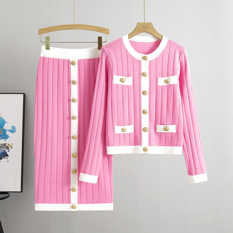 Fashion Pink Blended Knit Cardigan Skirt Suit
