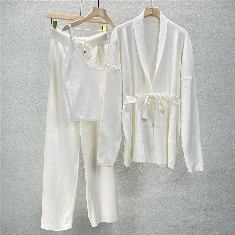 Fashion White Blended Knitted Suspender Cardigan And Wide-leg Pants Three-piece Set