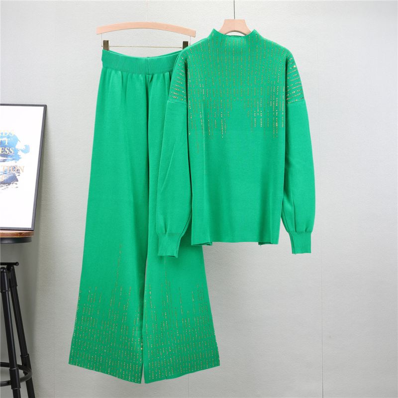 Fashion Green Blended Knitted Rhinestone Sweater Wide-leg Pants Suit