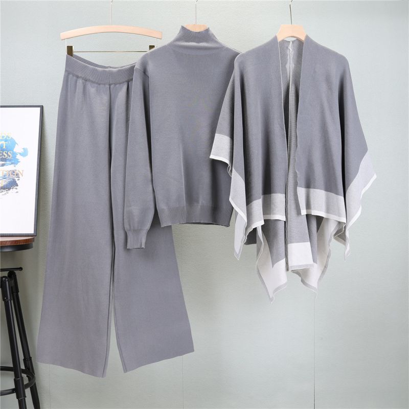 Fashion Grey Blended Knitted Shawl Stand-up Collar Sweater Wide-leg Pants Three-piece Set