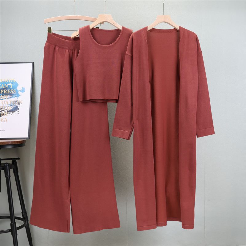 Fashion Reddish Brown Blended Knitted Long Shawl Cardigan + Sweater Vest + Wide-leg Pants Three-piece Set