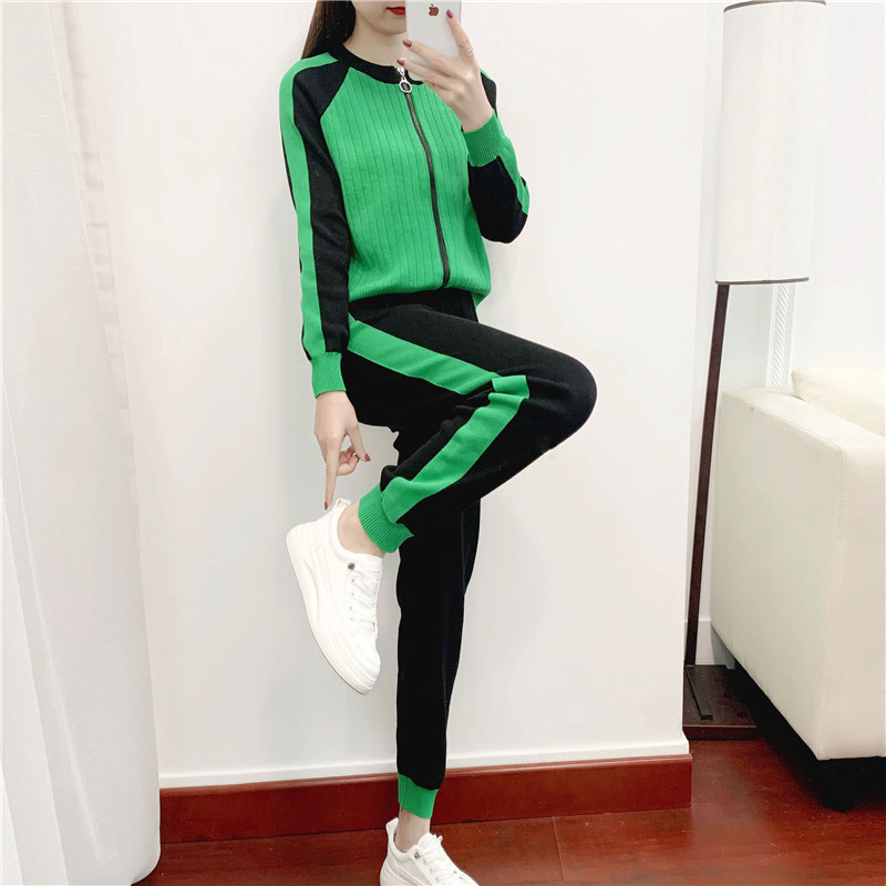 Fashion Green Blended Colorblock Knitted Cardigan And Trouser Suit