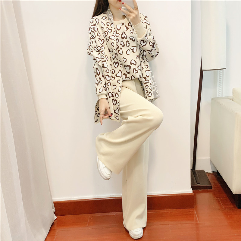 Fashion Apricot Blended Printed Knitted Sweater Scarf Wide-leg Pants Three-piece Set