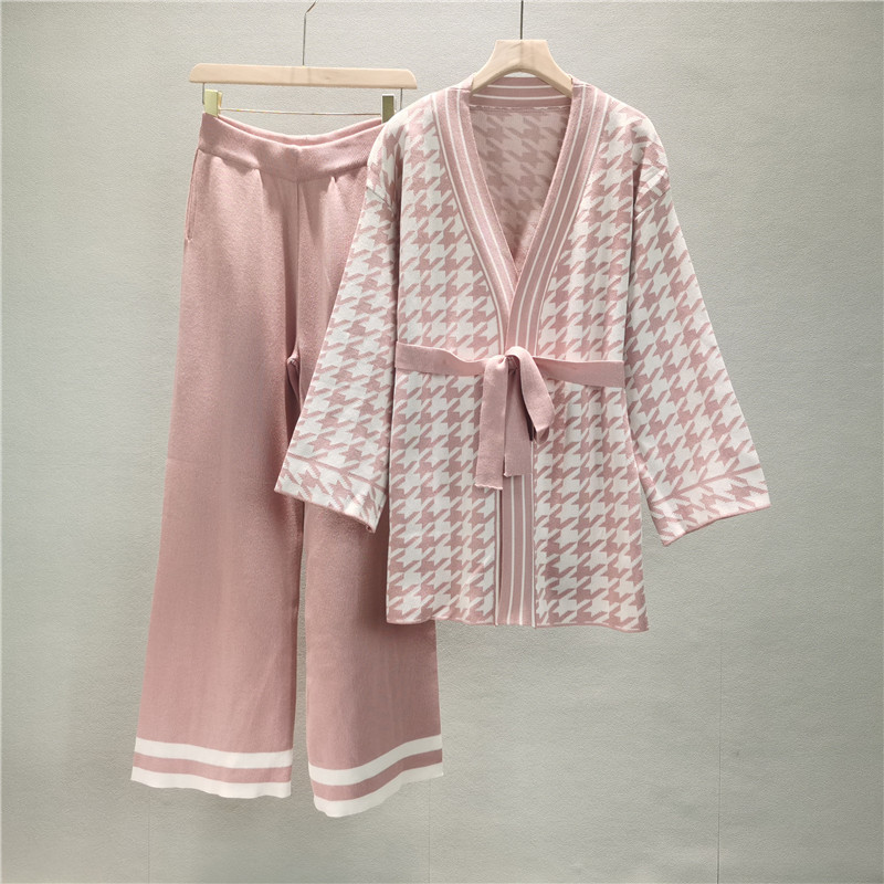 Fashion Pink Blended Houndstooth Knitted Cardigan Wide-leg Pants Set