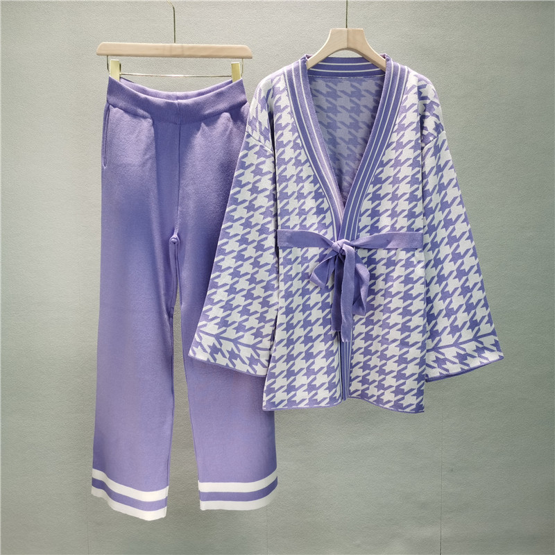 Fashion Purple Blended Houndstooth Knitted Cardigan Wide-leg Pants Set