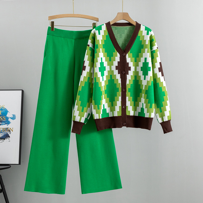 Fashion Green Blended Printed Knitted Cardigan Wide-leg Pants Suit