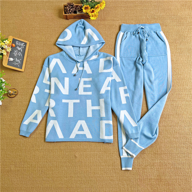 Fashion Blue Blended Knitted Hooded Sweatshirt And Leggings Trousers Set