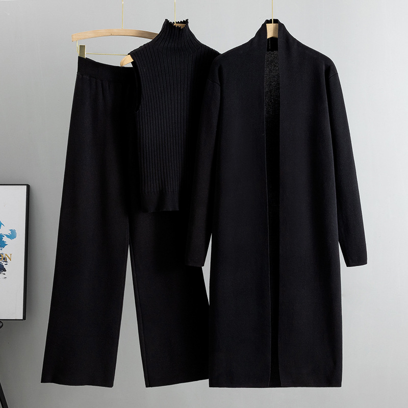 Fashion Black Blended Knitted Sleeveless Vest Sweater Cardigan Wide-leg Pants Three-piece Set