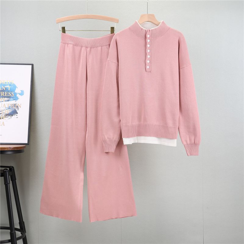 Fashion Pink Blended Knitted Sweater Wide-leg Pants Suit