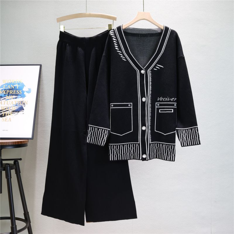 Fashion Black Blended Knitted Cardigan Wide-leg Pants Suit