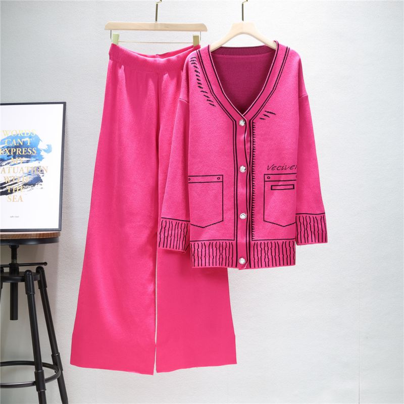 Fashion Rose Red Blended Knitted Cardigan Wide-leg Pants Suit