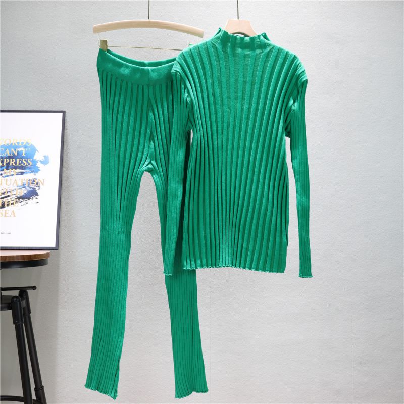Fashion Green Blended Knit Sweater Trouser Suit