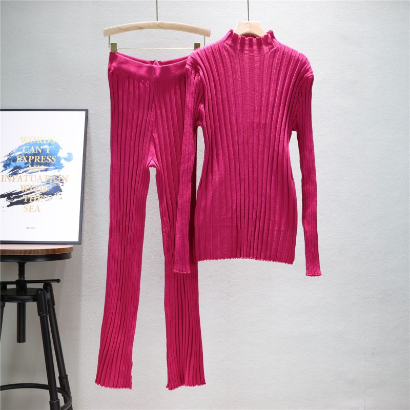Fashion Rose Red Blended Knit Sweater Trouser Suit