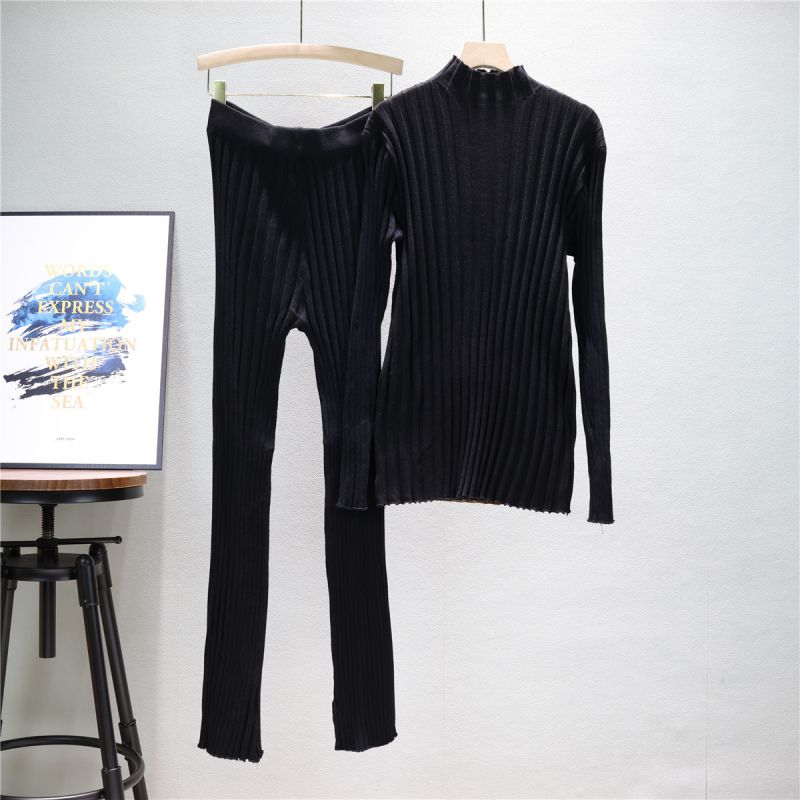 Fashion Black Blended Knit Sweater Trouser Suit