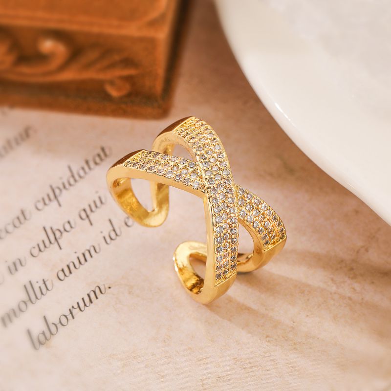 Fashion 3# Gold Plated Copper Geometric Open Ring With Zirconium