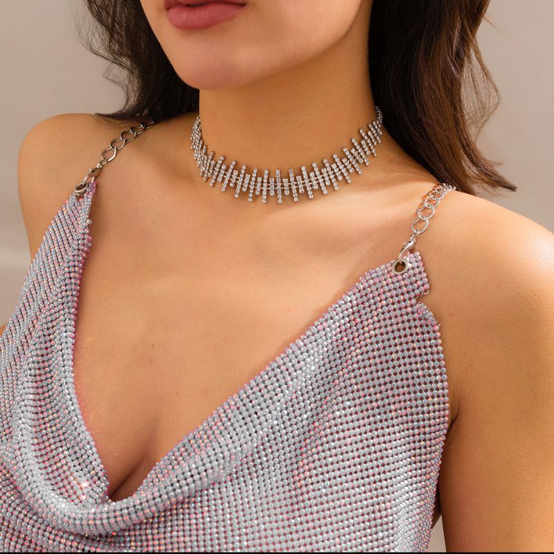 Fashion Silver Geometric Diamond Prong Chain Necklace