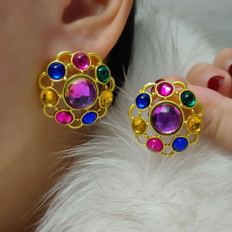 Fashion Gold Geometric Colored Glass Round Earrings