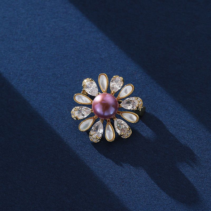 Fashion Gold Copper Diamond And Pearl Flower Brooch